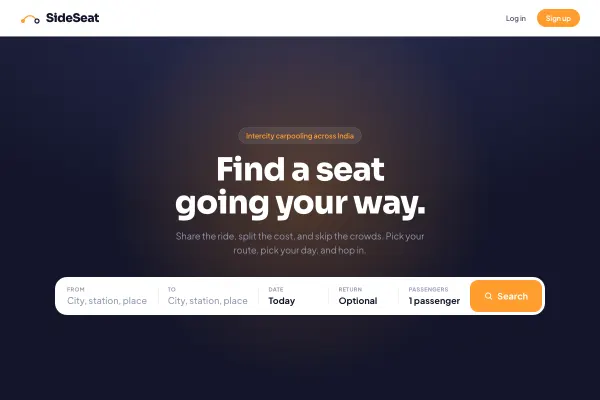 SideSeat — Intercity carpooling marketplace for India — route and date search, seat selection, return trips, and rider accounts.