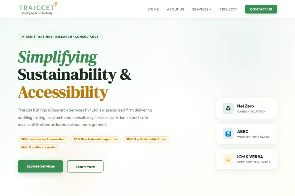 Traiccet Ratings & Research — Corporate site for a Noida-based carbon, net-zero and accessibility audit consultancy — hand-coded static build for fast loads and simple hosting.
